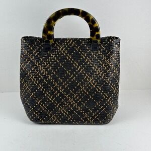 Talbots Woven Tote Bag Tortoise Shell Handle Black‎ Tan Geometric Bohemian